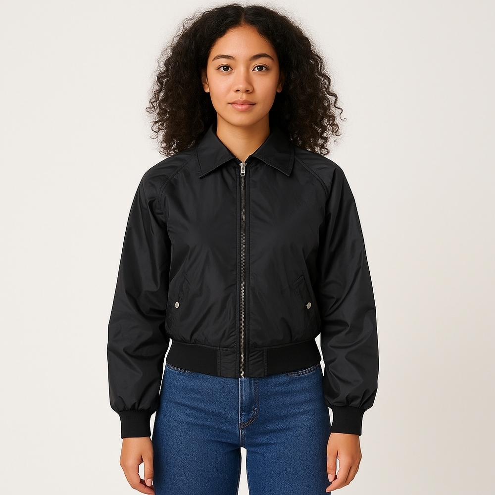 Women’s Black Bomber Jacket Lightweight Zip-Up Nylon Windbreaker Streetwear L